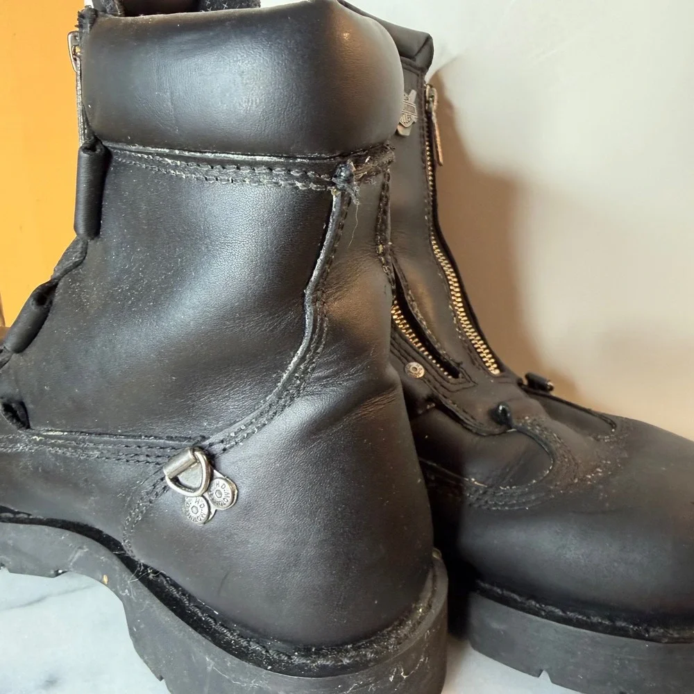 Harley Davidson Mens Black Leather Dual Zip Motorcycle Boots‎ 11M Biker Lug Sole